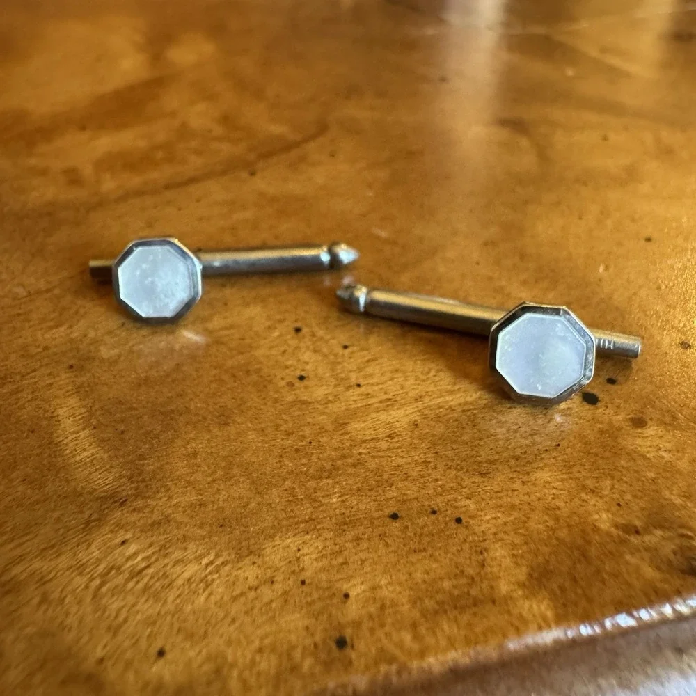 50s Hickok Octagon Bullet Mother of Pearl Cufflinks Silver Tone Mid Century‎